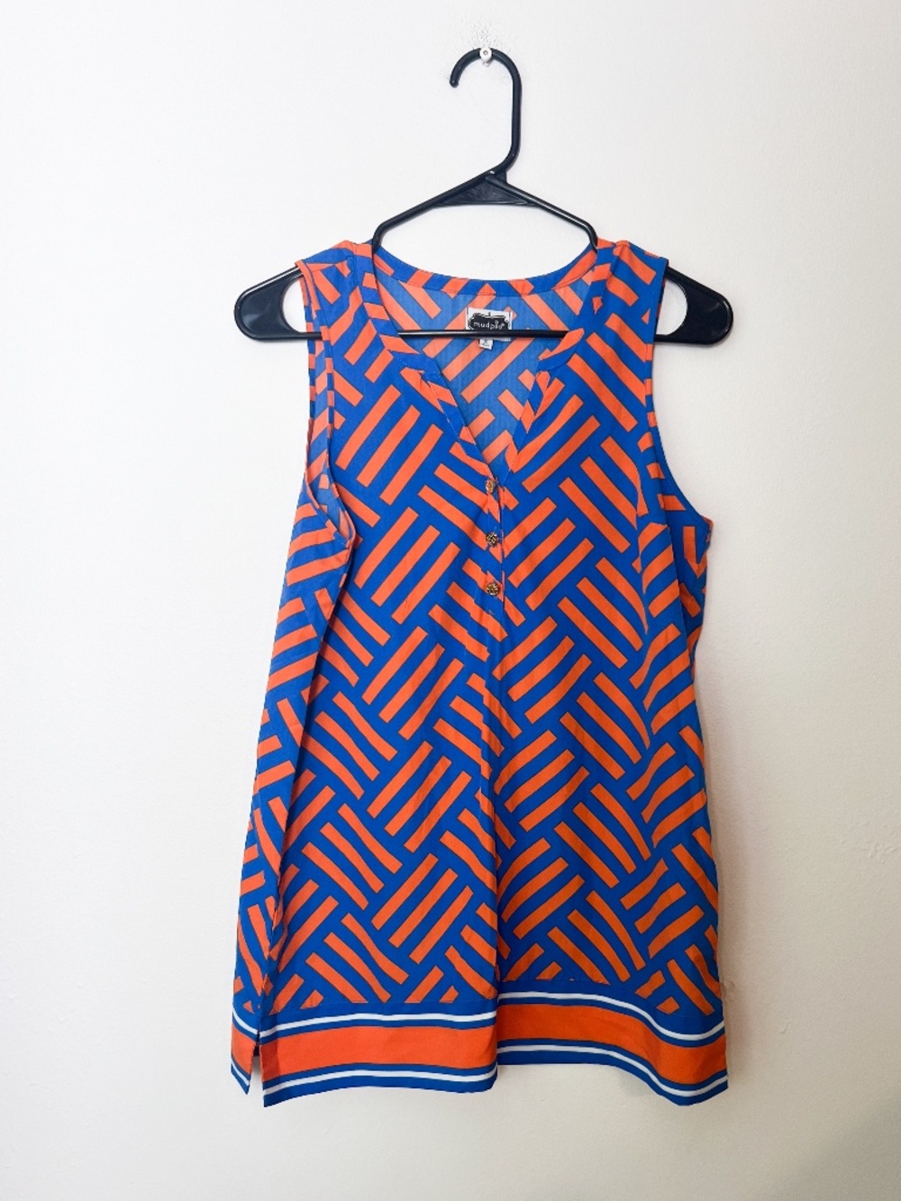Mud Pie Blue Orange Geometric Sleeveless Tunic Blouse Size Small